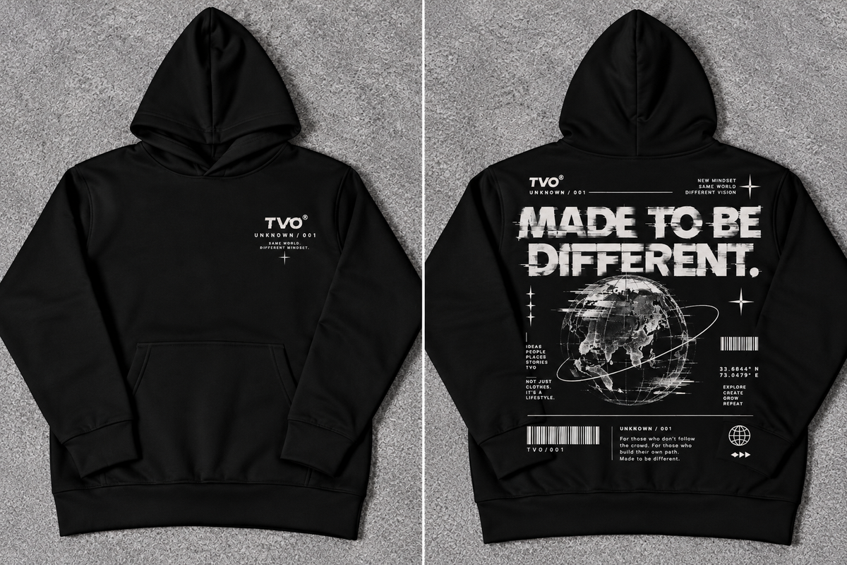 Black pullover hoodie shown from both front and back on a gray textured background. The front has a small white 'TVO' logo on the left chest, and the back features large white text reading 'MADE TO BE DIFFERENT.