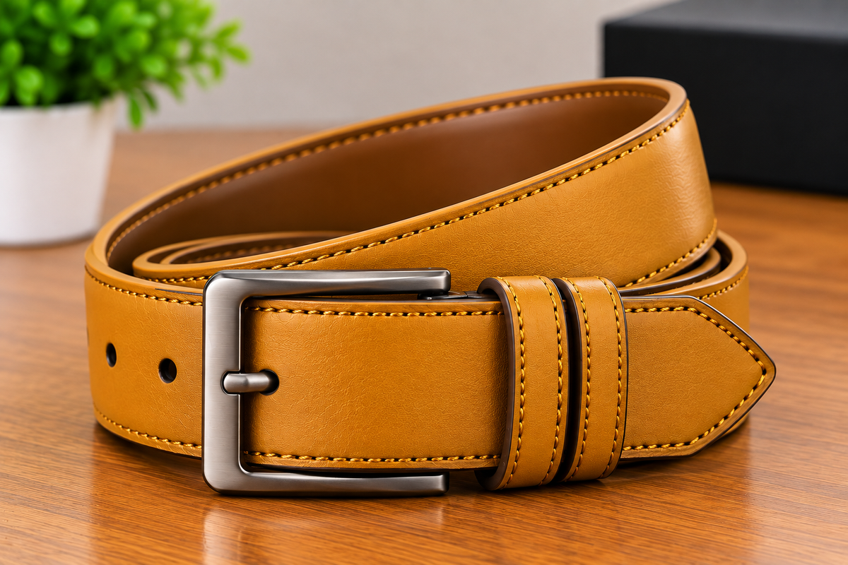 A tan leather belt with a silver metal buckle, neatly coiled on a wooden tabletop with a blurred green plant in the background.