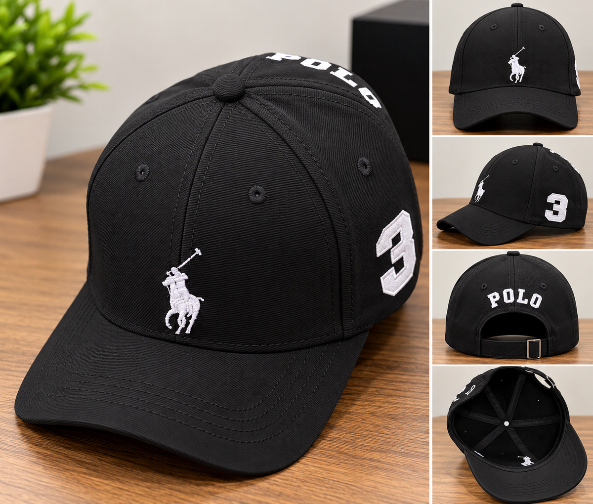 Black Polo Ralph Lauren baseball cap with white embroidered logo, 'POLO' text, and number '3' on the front, shown in a main large view and a vertical strip of four smaller views showing different angles.