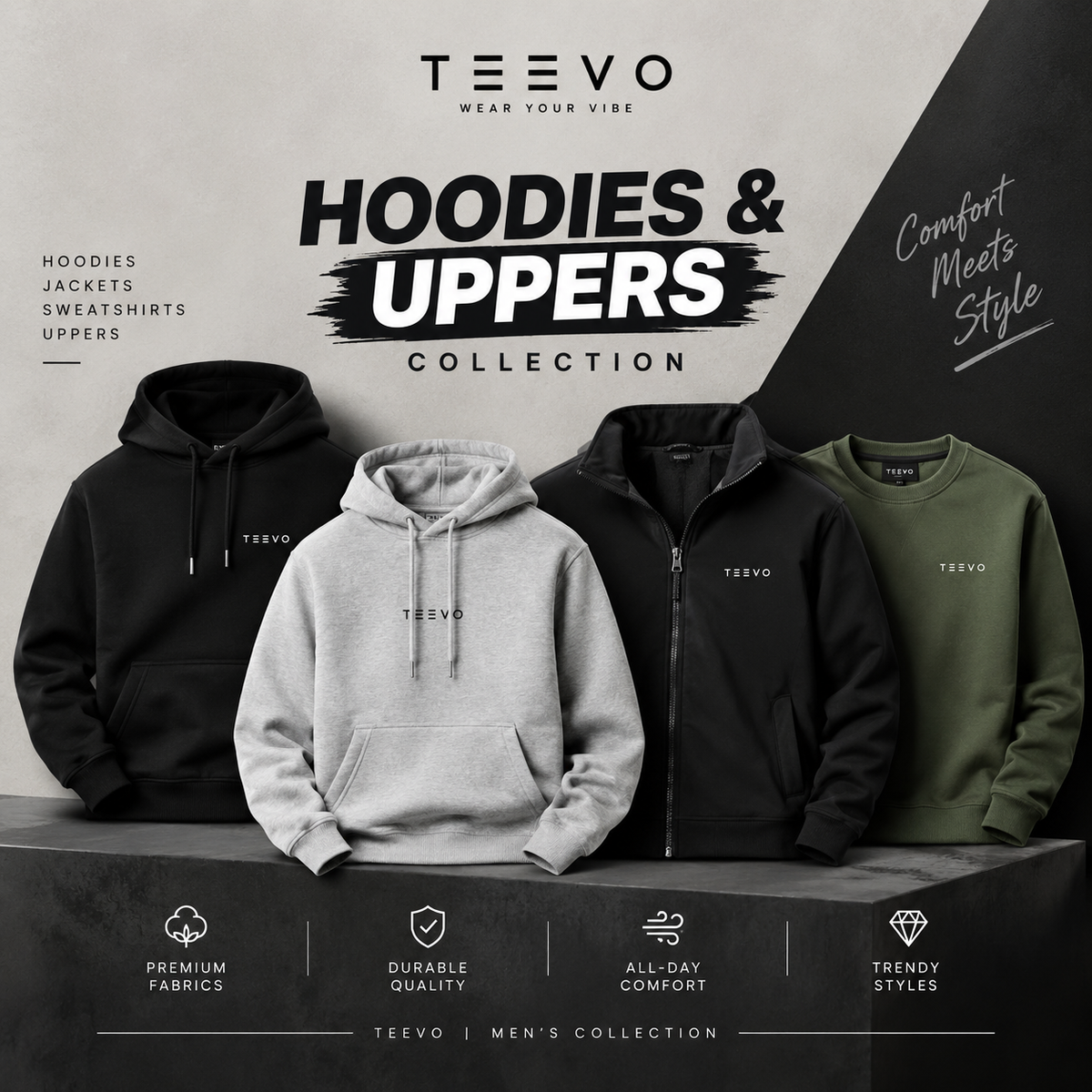 TEEVO men’s hoodies and uppers collection featuring stylish hoodies, sweatshirts and jackets