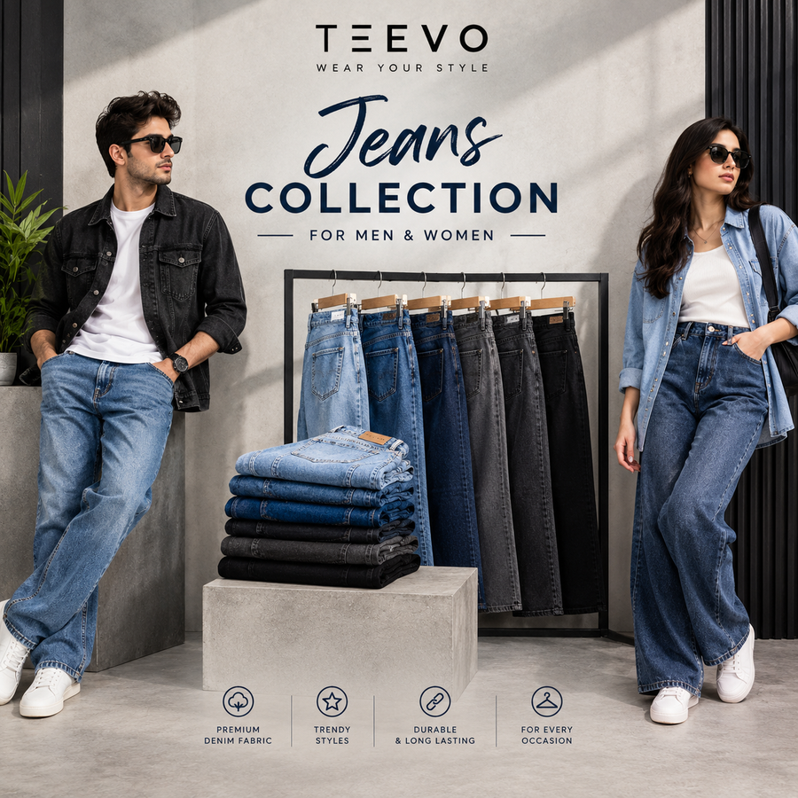 Jeans collection for men and women featuring stylish denim jeans in different fits and washes – TEEVO Pakistan