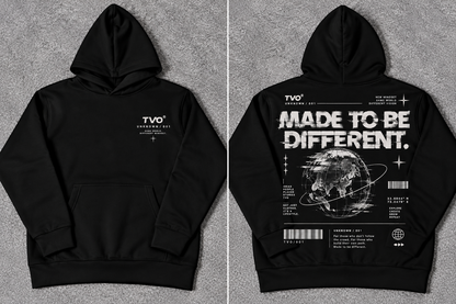 Black pullover hoodie shown from both front and back on a gray textured background. The front has a small white 'TVO' logo on the left chest, and the back features large white text reading 'MADE TO BE DIFFERENT.