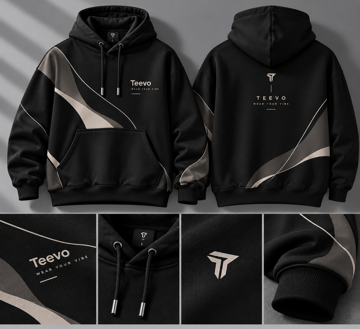 Black pullover hoodie shown from the front and back, with abstract diagonal stripe panels in light gray and beige, white printed 'Teevo' branding on the chest and back, and a close-up detail strip at the bottom showing the drawstrings, chest logo, and cuff.