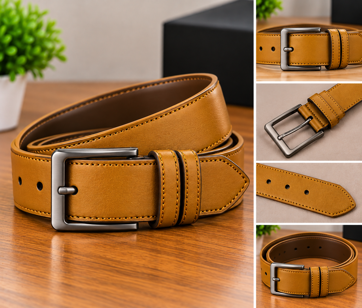 A tan leather belt with a silver-tone metal buckle, shown in a main product shot and a vertical collage of four detail views highlighting the strap, buckle close-up, tip, and worn look.