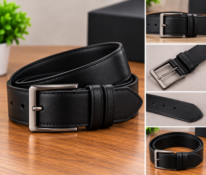 Black leather belt with a silver-tone metal buckle, shown in a main product view and a vertical strip of detail close-ups on a wooden tabletop.