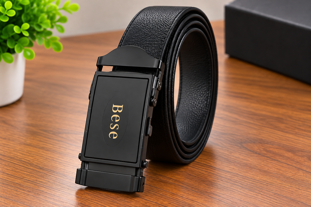 A black textured leather belt with a black automatic buckle and gold 'Bese' lettering, displayed on a wooden table with a small green plant in the background.