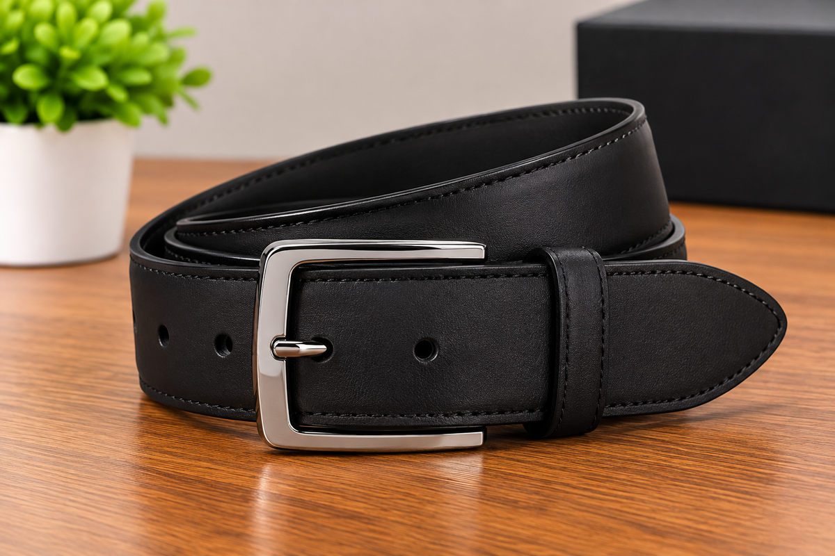 A black leather belt with a polished silver-tone metal buckle, coiled on a wooden tabletop with a small potted plant and a dark box in the background.