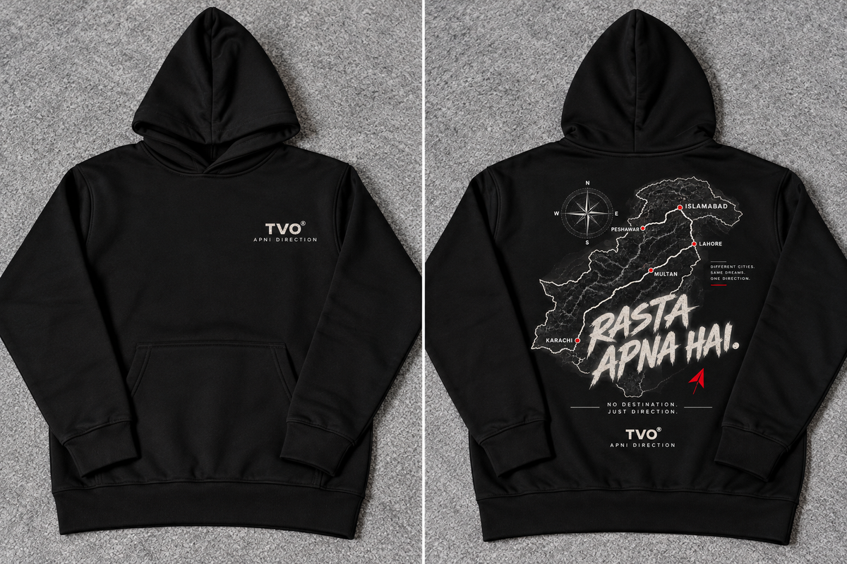 A black pullover hoodie shown from both front and back on a gray textured background. The front has a small white 'TVO' logo on the left chest.
