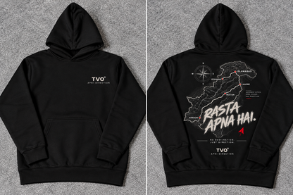 A black pullover hoodie shown from both front and back on a gray textured background. The front has a small white 'TVO' logo on the left chest.