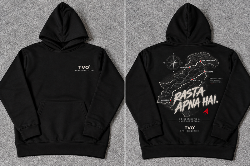 A black pullover hoodie shown from both front and back on a gray textured background. The front has a small white 'TVO' logo on the left chest.
