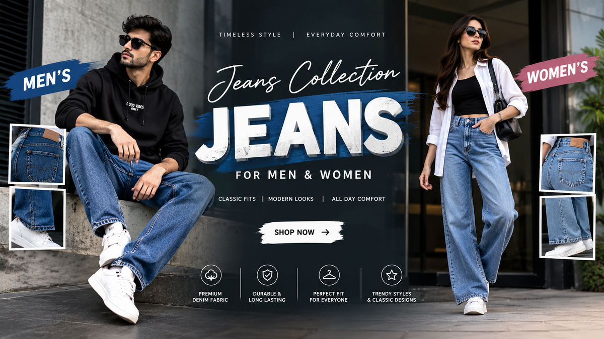 Promotional banner for a jeans collection featuring a man sitting on a concrete ledge wearing blue jeans and a black hoodie, and a woman walking in a white blazer and black top with blue jeans. The center displays the text 'Jeans Collection JEANS FOR MEN & WOMEN' with inset close-ups of denim fabric on both sides.