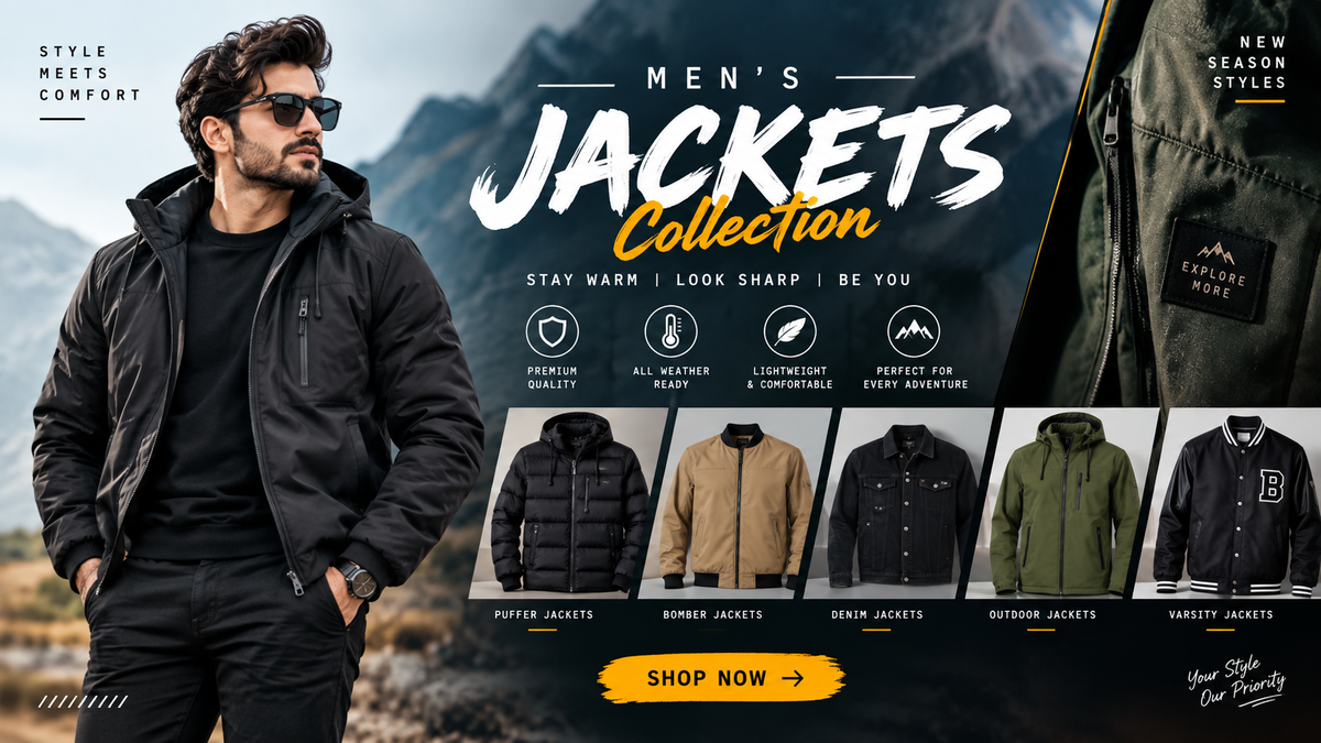 Promotional banner for a men's jackets collection, featuring a male model wearing a black jacket against a mountain backdrop, with large text reading 'MEN'S JACKETS Collection' and smaller product thumbnails along the bottom showing different jacket colors and styles.