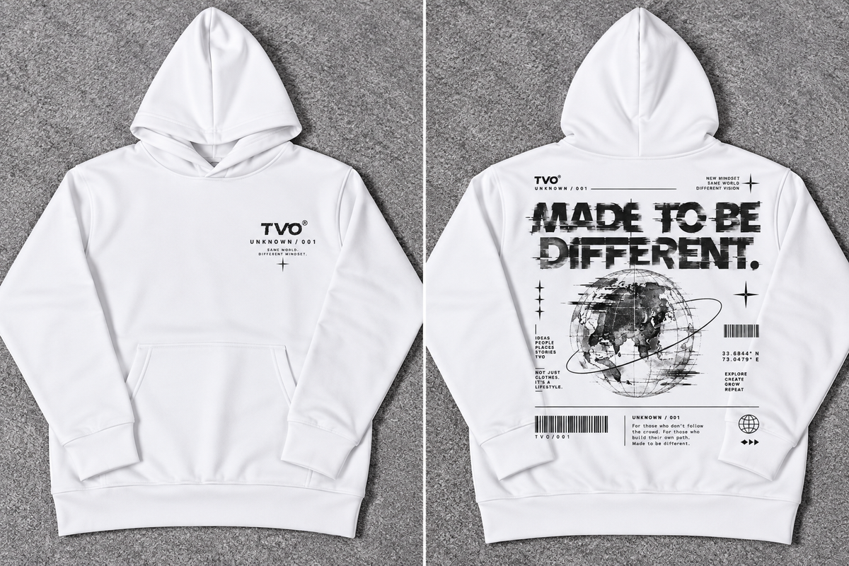 A white pullover hoodie shown from both front and back on a gray textured background. The front has a small black 'TVO' logo on the left chest.
