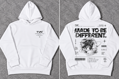 A white pullover hoodie shown from both front and back on a gray textured background. The front has a small black 'TVO' logo on the left chest.