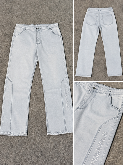 A light-wash denim jeans set shown in a three-panel collage: a full front view on the left, a full back view in the top-right panel, and a close-up of the waistband and pocket area in the bottom-right panel. The jeans are laid flat on a textured gray surface.