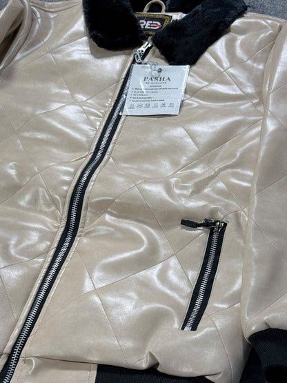 A close-up of a beige quilted faux-leather jacket with a black fuzzy collar, black zipper details, and a visible 'FASHA' brand tag.