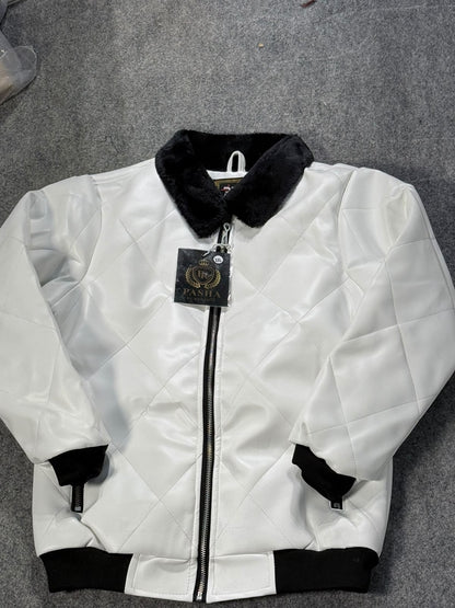 A white quilted bomber jacket with black faux fur collar, black ribbed cuffs, and black ribbed hem, laid flat on a gray carpet. A black hangtag with the brand name 'PASHA' is attached to the zipper.