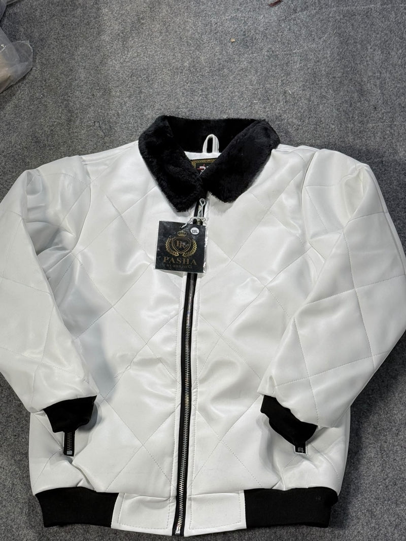 A white quilted bomber jacket with black faux fur collar, black ribbed cuffs, and black ribbed hem, laid flat on a gray carpet. A black hangtag with the brand name 'PASHA' is attached to the zipper.