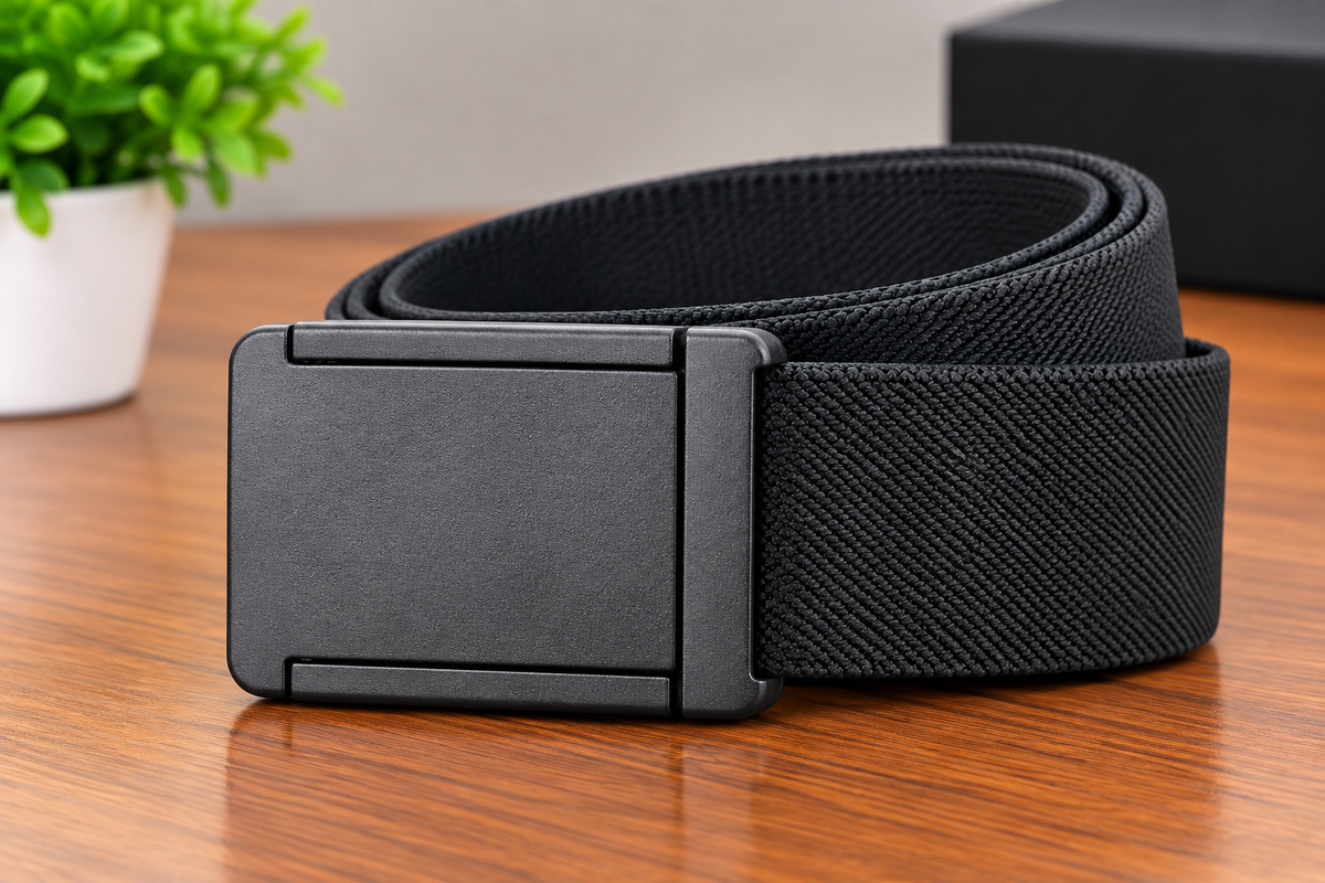 A black woven elastic belt with a matte black rectangular buckle, displayed on a wooden tabletop with a blurred green plant in the background.